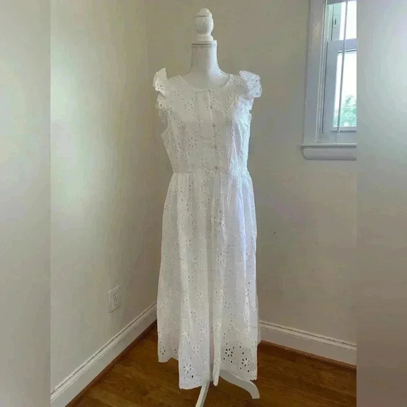 J. Crew -White Floral Eyelet Ruffle Midi Dress Size 12 NWT - Picture 3 of 15